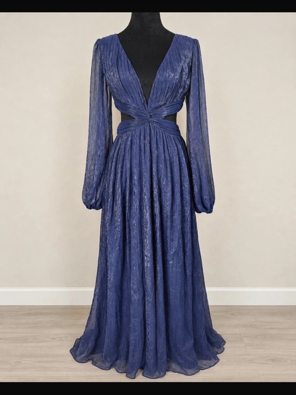 Elegant Navy Blue Long Sleeve Cutout Maxi Dress